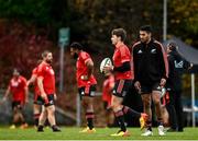 9 November 2021; Beauden Barrett, centre, and Rieko Ioane, right, during New Zealand All Blacks rugby squad training at UCD Bowl in Dublin. Photo by David Fitzgerald/Sportsfile