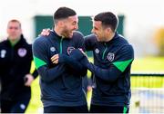 9 November 2021; Matt Doherty, left, and Seamus Coleman share a joke on arrival for a Republic of Ireland training session at the FAI National Training Centre in Abbotstown, Dublin. Photo by Stephen McCarthy/Sportsfile
