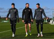 9 November 2021; Players, from left, John Egan, Conor Hourihane and Alan Browne during a Republic of Ireland training session at the FAI National Training Centre in Abbotstown, Dublin. Photo by Stephen McCarthy/Sportsfile