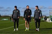 9 November 2021; Players, from left, John Egan, Conor Hourihane and Alan Browne during a Republic of Ireland training session at the FAI National Training Centre in Abbotstown, Dublin. Photo by Stephen McCarthy/Sportsfile