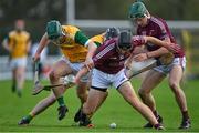 6 November 2021; Clarinbridge players Mikey Daly, left, and Mark Kennedy in action against Craughwell players Mark Monaghan, left, and Thomas Hynes during the Galway County Senior Club Hurling Championship semi-final match between Craughwell and Clarinbridge at Kenny Park in Athenry, Galway. Photo by Piaras Ó Mídheach/Sportsfile