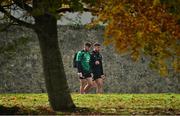 10 November 2021; Hugo Keenan, left, and Ronán Kelleher arrive for Ireland rugby squad training at Carton House in Maynooth, Kildare. Photo by Brendan Moran/Sportsfile