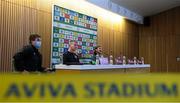 10 November 2021; Manager Stephen Kenny, centre, Jeff Hendrick, right, and Kieran Crowley, FAI communications executive, left, during a Republic of Ireland press conference at the Aviva Stadium in Dublin. Photo by Stephen McCarthy/Sportsfile