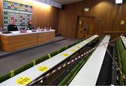 10 November 2021; Manager Stephen Kenny, left, and Jeff Hendrick during a Republic of Ireland press conference at the Aviva Stadium in Dublin. Photo by Stephen McCarthy/Sportsfile