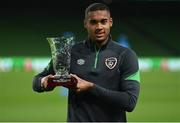 10 November 2021; Republic of Ireland goalkeeper Gavin Bazunu with his Confederation of Republic of Ireland Supporters Clubs Player of the Year award before a Republic of Ireland training session at the Aviva Stadium in Dublin. Photo by Stephen McCarthy/Sportsfile
