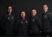 9 November 2021; From left, coach John O'Shea, assistant manager Alan Reynolds, manager Jim Crawford and coach Rene Gilmartin during a Republic of Ireland Men's U21 portrait session at the Carlton Hotel in Tyrrelstown, Dublin. Photo by David Fitzgerald/Sportsfile