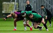 10 November 2021; Ireland players, from left, Finlay Bealham, Rob Herring and Cian Healy during Ireland rugby squad training at Carton House in Maynooth, Kildare. Photo by Brendan Moran/Sportsfile