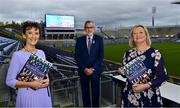 11 November 2021; All-Star Gazing, a book which marks the 50th anniversary of the All-Stars in 2021, has been launched on Croke Park by Michael Lyster with Uachtarán Chumann Lúthchleas Gael Larry McCarthy in attendance. The book, which has been written by the daughters of one of the scheme’s founding journalists Mick Dunne, Moira and Eileen Dunne, features among the following; The history of Irelands’ longest running sports awards scheme, contributions from over 100 leading hurlers and footballers, a full listing of every All-Star team since 1971 and for the first time ever, a record of every player nominated over 50 years. Pictured at the launch are, from left, Moira Dunne, Uachtarán Chumann Lúthchleas Gael Larry McCarthy and Eileen Dunne. Photo by Brendan Moran/Sportsfile
