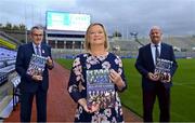 11 November 2021; All-Star Gazing, a book which marks the 50th anniversary of the All-Stars in 2021, has been launched on Croke Park by Michael Lyster with Uachtarán Chumann Lúthchleas Gael Larry McCarthy in attendance. The book, which has been written by the daughters of one of the scheme’s founding journalists Mick Dunne, Moira and Eileen Dunne, features among the following; The history of Irelands’ longest running sports awards scheme, contributions from over 100 leading hurlers and footballers, a full listing of every All-Star team since 1971 and for the first time ever, a record of every player nominated over 50 years. Pictured at the launch are, from left, Uachtarán Chumann Lúthchleas Gael Larry McCarthy, Eileen Dunne and 6 in a row Allstar winner Jack O'Shea of Kerry. Photo by Brendan Moran/Sportsfile