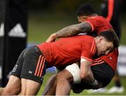 11 November 2021; Beauden Barrett, left, tackles Shannon Frizell during a New Zealand All Blacks rugby squad training at UCD Bowl in Dublin. Photo by Sam Barnes/Sportsfile