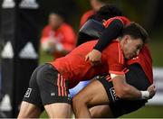 11 November 2021; Beauden Barrett tackles Anton Lienert-Brown during a New Zealand All Blacks rugby squad training at UCD Bowl in Dublin. Photo by Sam Barnes/Sportsfile
