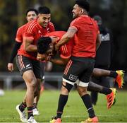 11 November 2021; Akira Ioane, centre, is tackled by Rieko Ioane, left, and Ardie Savea during a New Zealand All Blacks rugby squad training at UCD Bowl in Dublin. Photo by Sam Barnes/Sportsfile