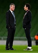 11 November 2021; Republic of Ireland manager Stephen Kenny, left, and coach Keith Andrews before the FIFA World Cup 2022 qualifying group A match between Republic of Ireland and Portugal at the Aviva Stadium in Dublin. Photo by Eóin Noonan/Sportsfile