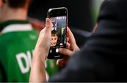 11 November 2021; A Republic of Ireland supporter tries to get a photo of manager Stephen Kenny before the FIFA World Cup 2022 qualifying group A match between Republic of Ireland and Portugal at the Aviva Stadium in Dublin. Photo by Stephen McCarthy/Sportsfile