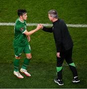 11 November 2021; Jamie McGrath of Republic of Ireland shakes hands with Republic of Ireland manager Stephen Kenny upon being substituted during the FIFA World Cup 2022 qualifying group A match between Republic of Ireland and Portugal at the Aviva Stadium in Dublin. Photo by Harry Murphy/Sportsfile