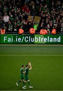 11 November 2021; Seamus Coleman and Shane Duffy of Republic of Ireland applaud the Republic of Ireland supporters after the FIFA World Cup 2022 qualifying group A match between Republic of Ireland and Portugal at the Aviva Stadium in Dublin. Photo by Harry Murphy/Sportsfile