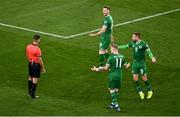 11 November 2021; Republic of Ireland players Will Keane, James McClean and Conor Hourihane protest to referee Jesús Gil Manzano after he disallowed a goal by Matt Doherty (not pictured) during the FIFA World Cup 2022 qualifying group A match between Republic of Ireland and Portugal at the Aviva Stadium in Dublin. Photo by Harry Murphy/Sportsfile