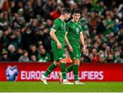 11 November 2021; John Egan, left, and Jamie McGrath of Republic of Ireland during the FIFA World Cup 2022 qualifying group A match between Republic of Ireland and Portugal at the Aviva Stadium in Dublin. Photo by Seb Daly/Sportsfile