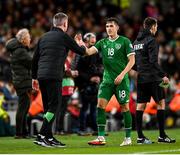 11 November 2021; Jamie McGrath of Republic of Ireland and manager Stephen Kenny during the FIFA World Cup 2022 qualifying group A match between Republic of Ireland and Portugal at the Aviva Stadium in Dublin. Photo by Seb Daly/Sportsfile