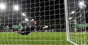 11 November 2021; Republic of Ireland goalkeeper Gavin Bazunu watches as a header from Portugal's Cristiano Ronaldo sails narrowly wide during the FIFA World Cup 2022 qualifying group A match between Republic of Ireland and Portugal at the Aviva Stadium in Dublin. Photo by Seb Daly/Sportsfile