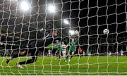 11 November 2021; Republic of Ireland goalkeeper Gavin Bazunu watches as a header from Portugal's Cristiano Ronaldo sails narrowly wide during the FIFA World Cup 2022 qualifying group A match between Republic of Ireland and Portugal at the Aviva Stadium in Dublin. Photo by Seb Daly/Sportsfile
