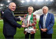 11 November 2021; FAI president Gerry McAnaney, left, presents the Hall of Fame award to former Republic of Ireland international Paula Gorham during the FIFA World Cup 2022 qualifying group A match between Republic of Ireland and Portugal at the Aviva Stadium in Dublin. Photo by Seb Daly/Sportsfile
