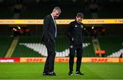 11 November 2021; Republic of Ireland manager Stephen Kenny and coach Anthony Barry, right, inspect the pitch before the FIFA World Cup 2022 qualifying group A match between Republic of Ireland and Portugal at the Aviva Stadium in Dublin. Photo by Stephen McCarthy/Sportsfile
