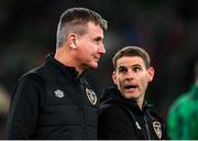 11 November 2021; Republic of Ireland manager Stephen Kenny and coach Anthony Barry, right, during the FIFA World Cup 2022 qualifying group A match between Republic of Ireland and Portugal at the Aviva Stadium in Dublin. Photo by Stephen McCarthy/Sportsfile
