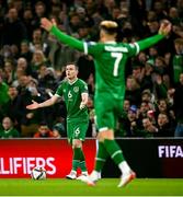 11 November 2021; Josh Cullen, left, and Callum Robinson of Republic of Ireland react to a decision from the match officials during the FIFA World Cup 2022 qualifying group A match between Republic of Ireland and Portugal at the Aviva Stadium in Dublin. Photo by Stephen McCarthy/Sportsfile