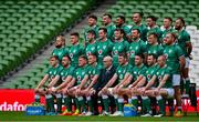 12 November 2021; The Ireland team, including, front, from left, Garry Ringrose, Jack Conan, Tadhg Furlong, Jonathan Sexton, IRFU President Des Kavanagh, Peter O’Mahony, Conor Murray, Cian Healy and Keith Earls, with middle row, from left, Andrew Porter, Dan Sheehan, Caelan Doris, James Ryan, Ryan Baird, Tadhg Beirne, Josh van der Flier, Finlay Bealham and back row, from left, Hugo Keenan, Ronán Kelleher, Bundee Aki, James Lowe, Joey Carbery, Andrew Conway and Jamison Gibson Park, stand for the squad photograph before their captain's run at Aviva Stadium in Dublin. Photo by Brendan Moran/Sportsfile