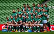 12 November 2021; The Ireland team, including, front, from left, Garry Ringrose, Jack Conan, Tadhg Furlong, Jonathan Sexton, IRFU President Des Kavanagh, Peter O’Mahony, Conor Murray, Cian Healy and Keith Earls, with middle row, from left, Andrew Porter, Caelan Doris, James Ryan, Ryan Baird, Tadhg Beirne, Josh van der Flier, Finlay Bealham and back row, from left, Hugo Keenan, Bundee Aki, James Lowe, Joey Carbery, Andrew Conway and Jamison Gibson Park, applaud latecomers for the team photograph, Dan Sheehan and Ronán Kelleher, before their captain's run at Aviva Stadium in Dublin. Photo by Brendan Moran/Sportsfile