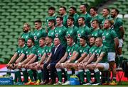 12 November 2021; The Ireland team, including, front, from left, Garry Ringrose, Jack Conan, Tadhg Furlong, Jonathan Sexton, IRFU chief execitive Philip Browne, Peter O’Mahony, Conor Murray, Cian Healy and Keith Earls, with middle row, from left, Andrew Porter, Dan Sheehan, Caelan Doris, James Ryan, Ryan Baird, Tadhg Beirne, Josh van der Flier, Finlay Bealham and back row, from left, Hugo Keenan, Ronán Kelleher, Bundee Aki, James Lowe, Joey Carbery, Andrew Conway and Jamison Gibson Park, stand for the squad photograph before their captain's run at Aviva Stadium in Dublin. Photo by Brendan Moran/Sportsfile