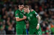 11 November 2021; James McClean, right, and John Egan of Republic of Ireland during the FIFA World Cup 2022 qualifying group A match between Republic of Ireland and Portugal at the Aviva Stadium in Dublin. Photo by Stephen McCarthy/Sportsfile