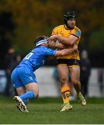 12 November 2021; Angus Curtis of Ulster is tackled by David Hawkshaw of Leinster during the A Interprovincial match between Ulster A and Leinster A at Banbridge RFC in Banbridge, Down. Photo by Harry Murphy/Sportsfile