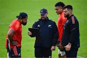 12 November 2021; Scrum coach Greg Feek, with players, from left, Karl Tu’inukuafe, Angus Ta'avao and Tyrel Lomax during New Zealand captain's run at the UCD Bowl in Dublin. Photo by Brendan Moran/Sportsfile