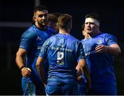 12 November 2021; Leinster players, from left, Josh Murphy, Nick McCarthy and Jack Boyle after their side's victory in the A Interprovincial match between Ulster A and Leinster A at Banbridge RFC in Banbridge, Down. Photo by Harry Murphy/Sportsfile