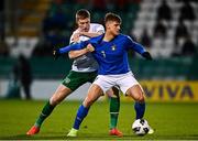 12 November 2021; Lorenzo Colombo of Italy in action against Mark McGuinness of Republic of Ireland during the UEFA European U21 Championship qualifying group A match between Republic of Ireland and Italy at Tallaght Stadium in Dublin. Photo by Eóin Noonan/Sportsfile