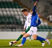 12 November 2021; Conor Noss of Republic of Ireland in action against Matteo Lovato of Italy during the UEFA European U21 Championship qualifying group A match between Republic of Ireland and Italy at Tallaght Stadium in Dublin. Photo by Eóin Noonan/Sportsfile