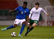 12 November 2021; Caleb Okoli of Italy in action against Colm Whelan of Republic of Ireland during the UEFA European U21 Championship qualifying group A match between Republic of Ireland and Italy at Tallaght Stadium in Dublin. Photo by Piaras Ó Mídheach/Sportsfile