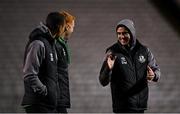 12 November 2021; Dylan Watts of Shamrock Rovers, right, with team-mates Graham Burke and and Rory Gaffney before the SSE Airtricity League Premier Division match between Bohemians and Shamrock Rovers at Dalymount Park in Dublin. Photo by Seb Daly/Sportsfile