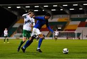 12 November 2021; Raul Bellenova of Italy in action against Colm Whelan of Republic of Ireland during the UEFA European U21 Championship qualifying group A match between Republic of Ireland and Italy at Tallaght Stadium in Dublin. Photo by Eóin Noonan/Sportsfile