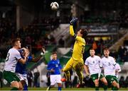 12 November 2021; Italy goalkeeper Marco Carnesecchi clears the ball away under pressure from Jake O'Brien of Republic of Ireland during the UEFA European U21 Championship qualifying group A match between Republic of Ireland and Italy at Tallaght Stadium in Dublin. Photo by Piaras Ó Mídheach/Sportsfile