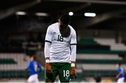 12 November 2021; Tyreik Wright of Republic of Ireland reacts during the UEFA European U21 Championship qualifying group A match between Republic of Ireland and Italy at Tallaght Stadium in Dublin. Photo by Eóin Noonan/Sportsfile