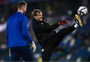 12 November 2021; Northern Ireland goalkeeping coach Roy Carroll, right, and Conor Hazard before the FIFA World Cup 2022 qualifying group C match between Northern Ireland and Lithuania at National Football Stadium, Windsor Park in Belfast. Photo by David Fitzgerald/Sportsfile