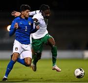 12 November 2021; Joshua Ogunfaolu-Kayode of Republic of Ireland in action against Raul Bellenova of Italy during the UEFA European U21 Championship qualifying group A match between Republic of Ireland and Italy at Tallaght Stadium in Dublin. Photo by Piaras Ó Mídheach/Sportsfile
