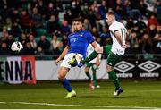 12 November 2021; Ross Tierney of Republic of Ireland takes a shot on goal, under pressure from Lorenzo Colombo of Italy, that was saved by Italy goalkeeper Marco Carnesecchi, not pictured, during the UEFA European U21 Championship qualifying group A match between Republic of Ireland and Italy at Tallaght Stadium in Dublin. Photo by Piaras Ó Mídheach/Sportsfile