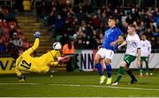12 November 2021; Italy goalkeeper Marco Carnesecchi saves a shot on goal from Ross Tierney of Republic of Ireland, right, during the UEFA European U21 Championship qualifying group A match between Republic of Ireland and Italy at Tallaght Stadium in Dublin. Photo by Piaras Ó Mídheach/Sportsfile