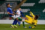 12 November 2021; Ross Tierney of Republic of Ireland has a shot on goal saved by Italy goalkeeper Marco Carnesecchi during the UEFA European U21 Championship qualifying group A match between Republic of Ireland and Italy at Tallaght Stadium in Dublin. Photo by Eóin Noonan/Sportsfile