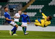 12 November 2021; Ross Tierney of Republic of Ireland has a shot on goal saved by Italy goalkeeper Marco Carnesecchi during the UEFA European U21 Championship qualifying group A match between Republic of Ireland and Italy at Tallaght Stadium in Dublin. Photo by Eóin Noonan/Sportsfile