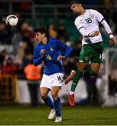 12 November 2021; Tyreik Wright of Republic of Ireland heads wide under pressure from Andrea Cambiaso of Italy during the UEFA European U21 Championship qualifying group A match between Republic of Ireland and Italy at Tallaght Stadium in Dublin. Photo by Piaras Ó Mídheach/Sportsfile